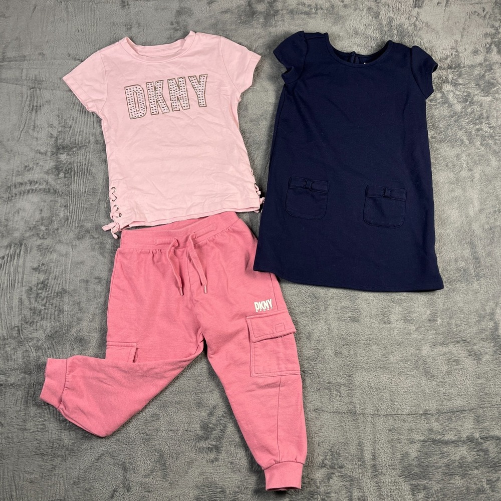 DKNY & Childrens Place Girls 4T Outfit Lot 3pc Pink Fleece Pants Tee Navy Dress